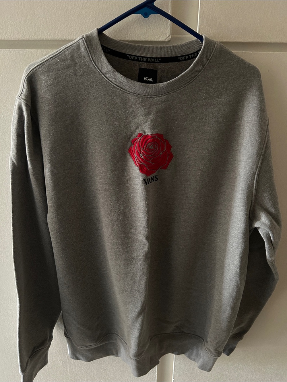 Vans Gray Crewneck Sweater with Red Rose Embroidery